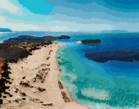 An aerial view of a beach with crystal clear blue water, white sand, and lush green hills in the background, pixel art