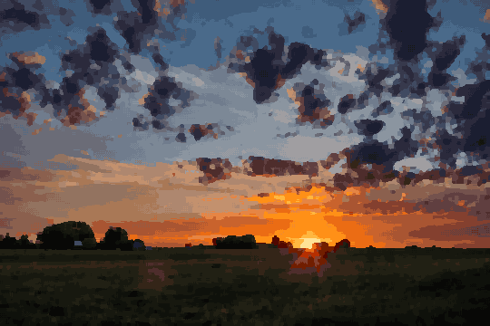 A beautiful sunset over a grassy field with trees in the background, pixel art