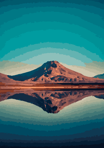 A mountain reflected in the still waters of a lake, with the sky in the background, pixel art