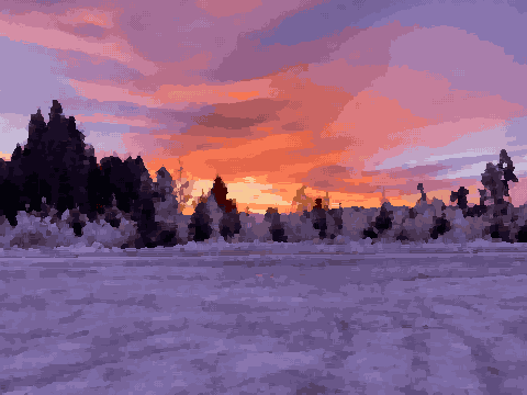 A beautiful winter sunset over a snowy field with trees in the background, pixel art