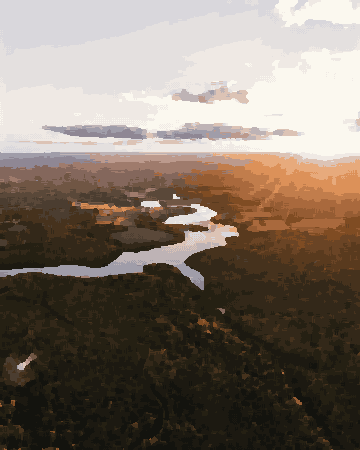 Aerial River View At Sunset — pixel art version