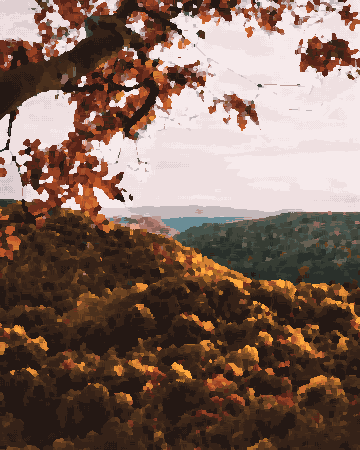 A view from the top of a mountain in the fall, with trees in the foreground and a sky in the background, pixel art