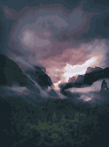 A majestic mountain range with trees in the foreground and a cloudy sky in the background, pixel art