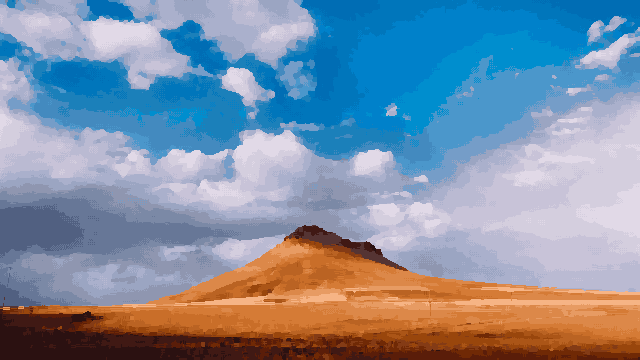 A desert landscape with a mountain in the background, pixel art