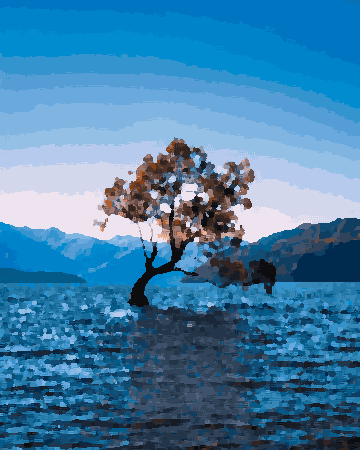 A lone tree in the middle of a lake, surrounded by majestic mountains in the background and a clear blue sky above, pixel art