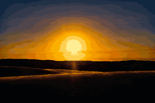 A beautiful sunset over a field with the sun setting in the background, casting a warm orange glow over the hills in the foreground, pixel art