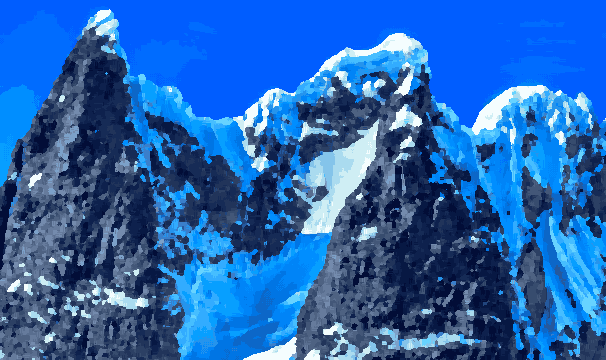 A majestic mountain range covered in snow, with a bright blue sky in the background, pixel art