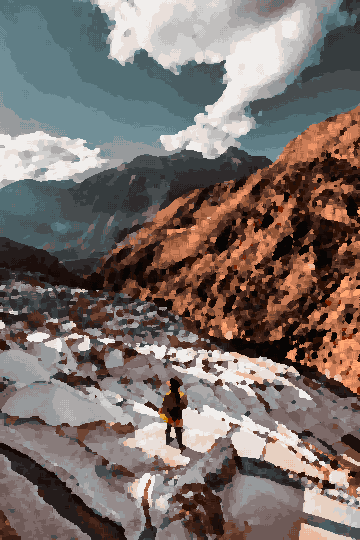 Mountain Range With River And Cloudy Sky — pixel art version