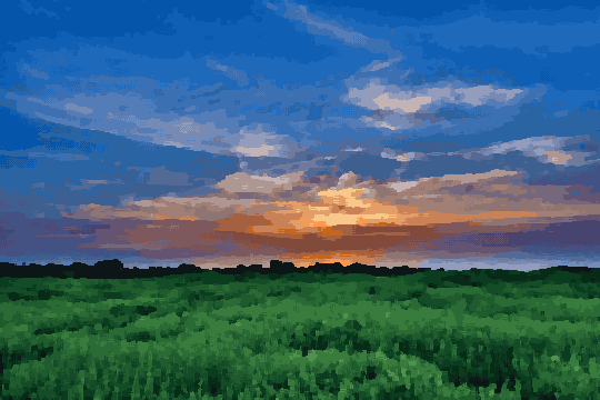 A grassy field with trees in the background and a beautiful sunset in the distance, pixel art