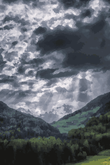 A view of a mountain range with snow-capped peaks in the background, surrounded by lush green trees and grass, pixel art
