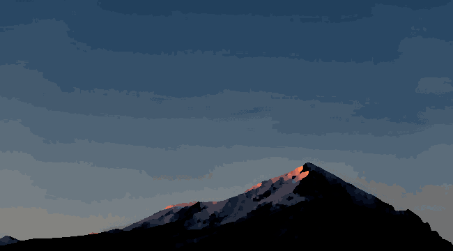 A mountain with snow on its peak and a blue sky in the background, pixel art