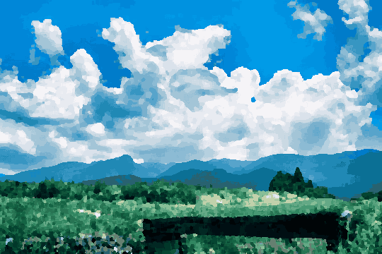 A wooden fence in the middle of a field with lush green grass, plants, and trees surrounding it, pixel art