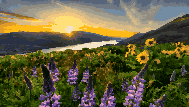 A beautiful sunset over a lake surrounded by wildflowers in the mountains, with the sun setting in the background and clouds in the sky, pixel art