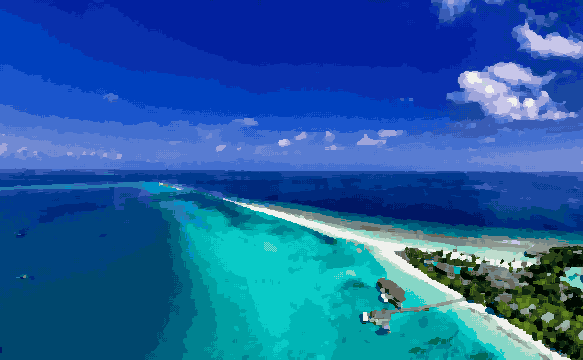 An aerial view of a small island in the middle of the ocean, surrounded by crystal clear blue water and lush green trees, pixel art