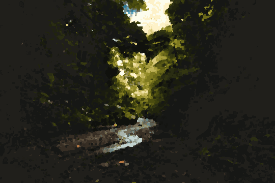 A dirt road winding through a lush green forest, with tall trees on either side, pixel art
