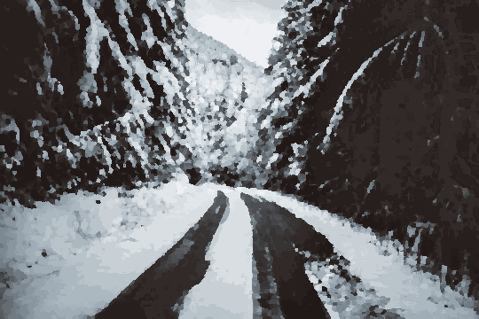 Snowy Road Winding Through Forest pixel art wallpaper