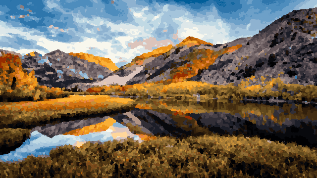 A stunning view of a mountain range with a lake in the foreground, surrounded by lush green grass and trees, pixel art
