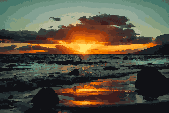 Ocean Sunset With Foreground Rocks And Hill — pixel art version