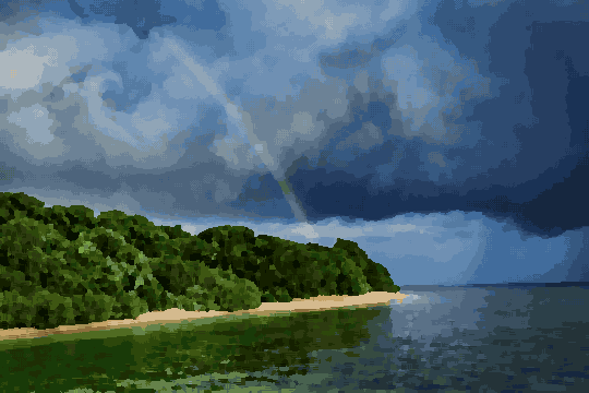 A beautiful rainbow arching over a small island in the middle of the ocean, surrounded by lush green trees and sand, pixel art