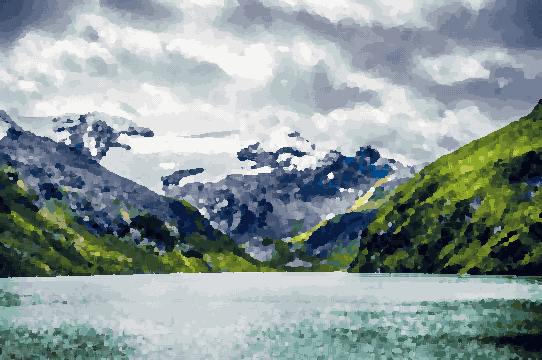 Snow-Capped Mountains Reflecting In Lake — pixel art version