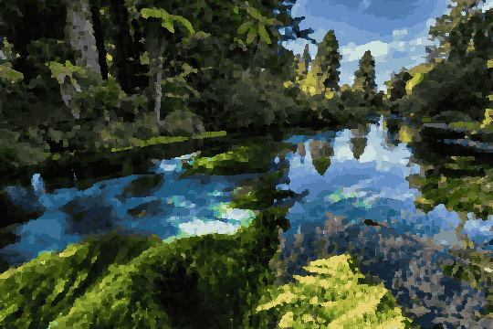 A river running through a lush green forest filled with trees and plants, with a clear blue sky in the background, pixel art