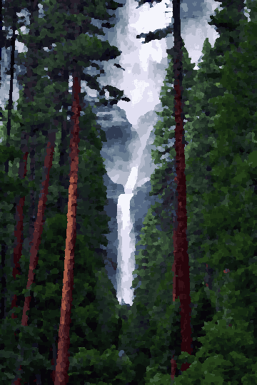 A majestic waterfall cascading down a rocky cliff in the middle of a lush forest, surrounded by tall trees on either side, pixel art