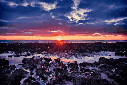 A beautiful sunset over the ocean with rocks in the foreground, pixel art