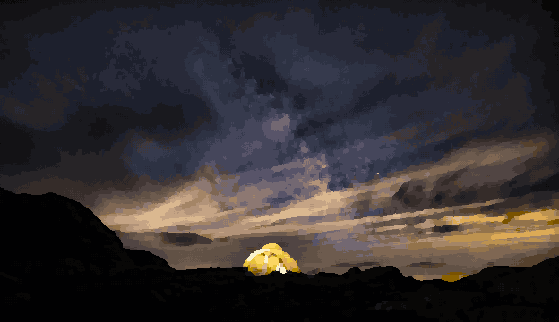 A tent pitched up in the middle of a desert at night, surrounded by hills and illuminated by the milky way, pixel art