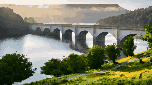 Edale Valley Bridge At Sunrise — pixel art version