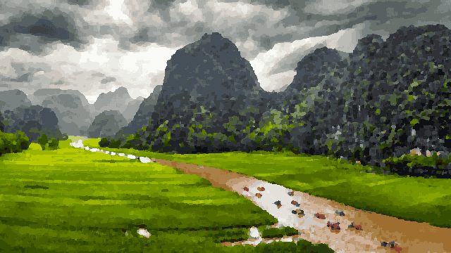 Lush Green Field By A River — pixel art version
