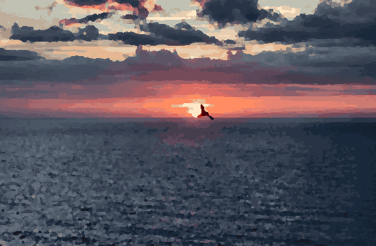 Soaring Bird Over Sunset Ocean — pixel art version