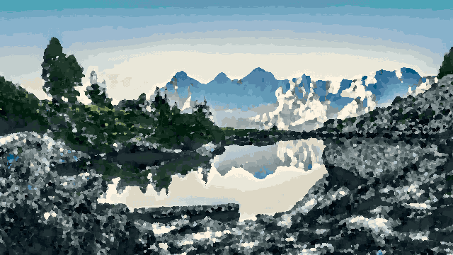 Lake Reflections In Rocky Mountain Landscape — pixel art version