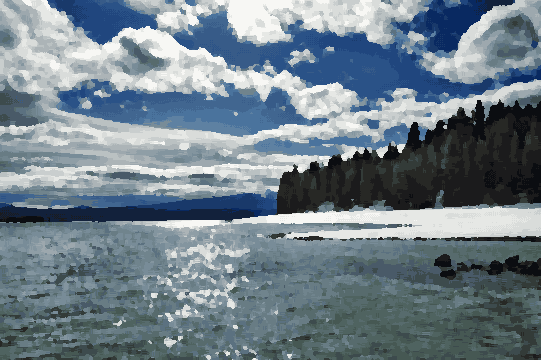 A large body of water surrounded by snow-covered mountains and trees, with a sky filled with clouds in the background, pixel art