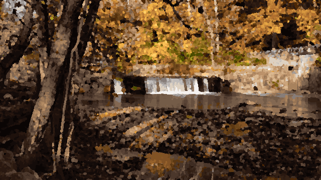 A small waterfall cascading down a rocky cliff in the middle of a wooded area, surrounded by trees with their leaves changing to vibrant shades of red, pixel art