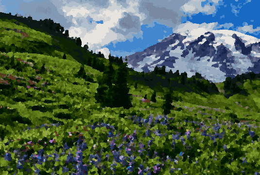 Slope Flowers Mountains With Snow — pixel art version