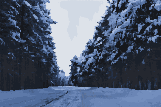 A snow covered road winding through a forest, with trees covered in a blanket of snow and a clear blue sky in the background, pixel art