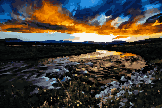 A beautiful sunset over a river with mountains in the background, pixel art