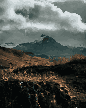 A mountain with snow-capped peaks in the background, surrounded by lush green grass and a cloudy sky, pixel art