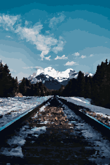 Snowy Railroad Tracks Winding Through Mountain Landscape — pixel art version