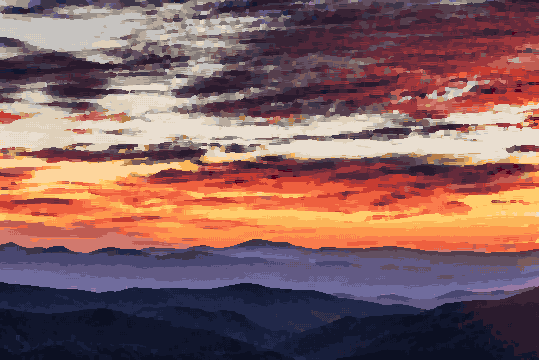 A breathtaking view of the Great Smoky Mountains at sunset, with the sky in a mix of vibrant oranges, pinks, and purples, pixel art