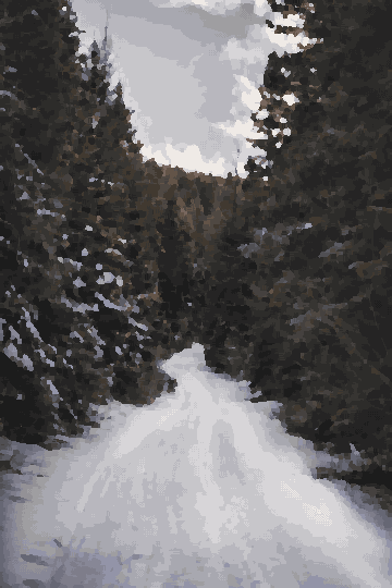 A dirt road winding through a snowy forest, with trees on either side of the road covered in a blanket of snow, pixel art