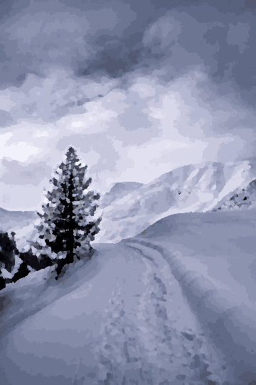 Snowy Mountain Path With Lone Larch — pixel art version