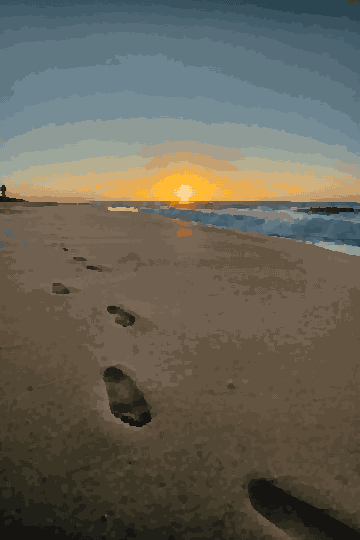 Beach Sunset Footprints In Golden Sand — pixel art version