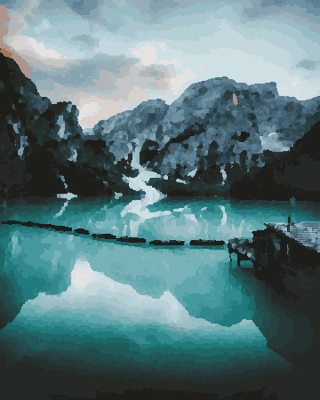 Snowy Mountain Lake With Rocks — pixel art version