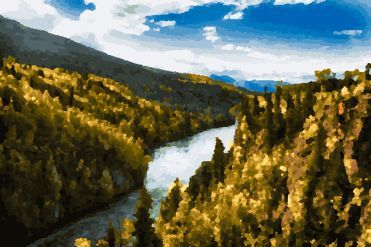 River Through Lush Green Valley Surrounded By Trees — pixel art version