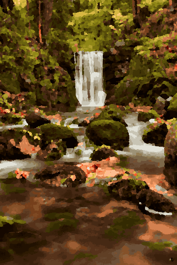 Autumn Waterfall Cascading Over Dark Stones pixel art wallpaper