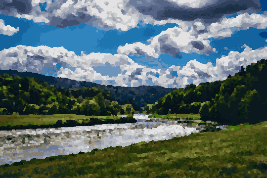 River Forest Trees Meandering Through Valley — pixel art version