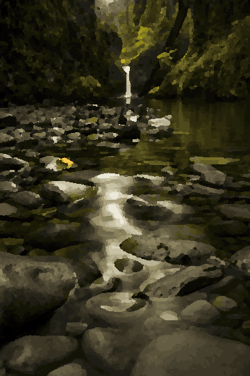 Waterfall Cascading Over Charcoal Rocks pixel art wallpaper