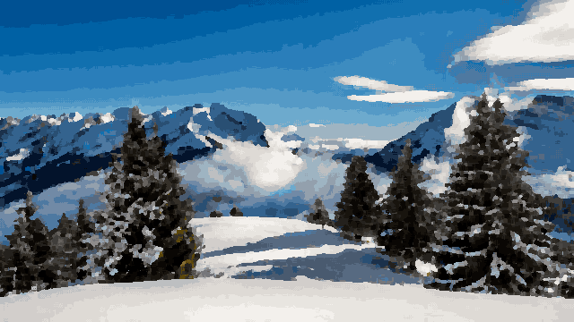 Snowy Spruce Mountains Under Blue Sky pixel art wallpaper