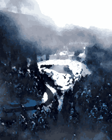 Aerial View of Snowy Forest Lake pixel art wallpaper